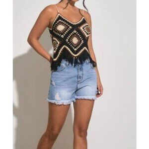 Elan Western Knit Tank Black/Brown L Crochet Fringe Patchwork Resort Whimsygoth